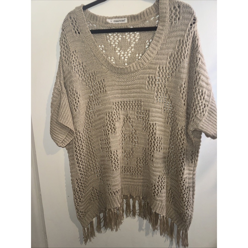 Vtg Y2K Plus Sz 2x Tan Open Knit Fringe Poncho Sweater Boho Top Hippie